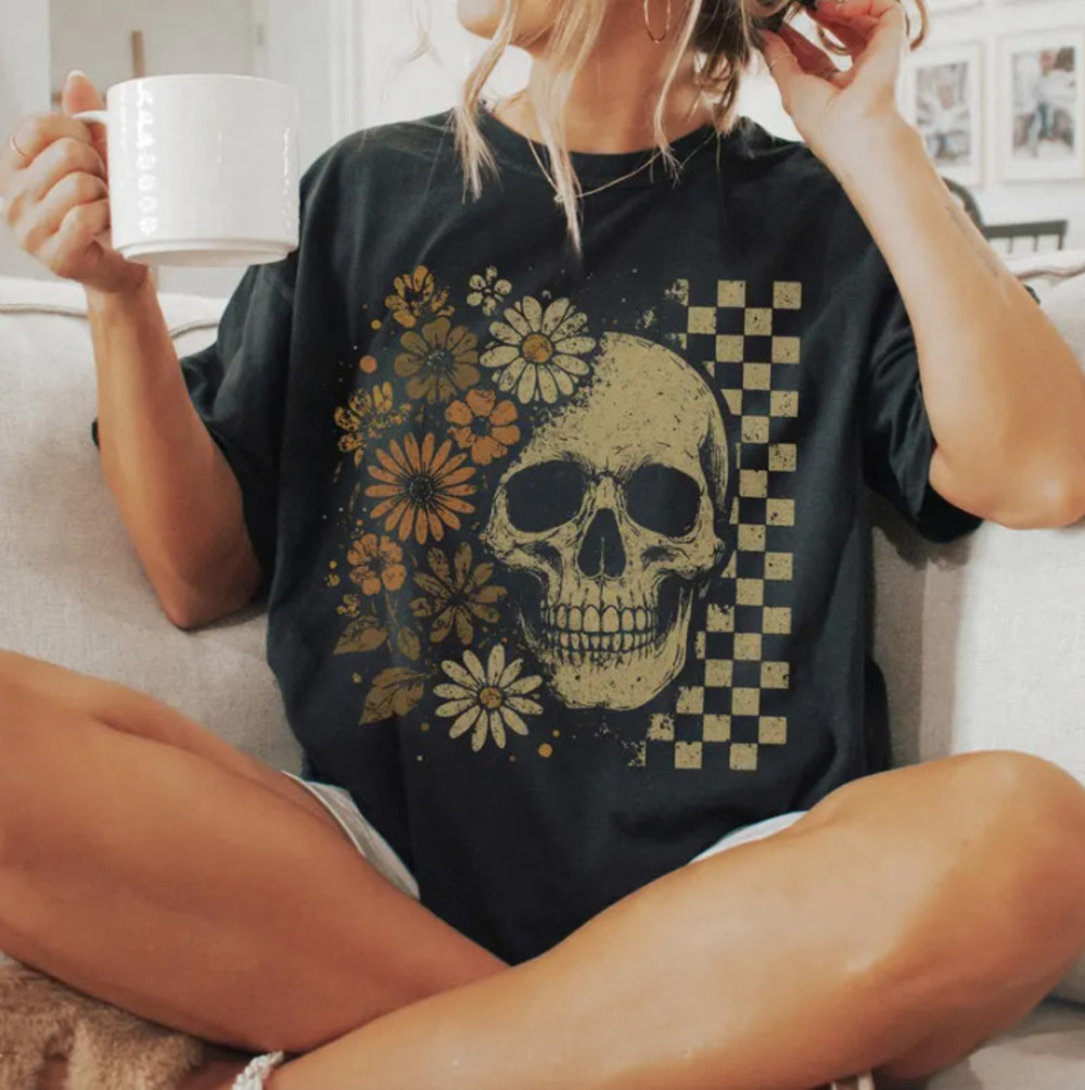 Floral Skull Checkerboard Boho Summerween Vintage Black Comfort Colors T-Shirt